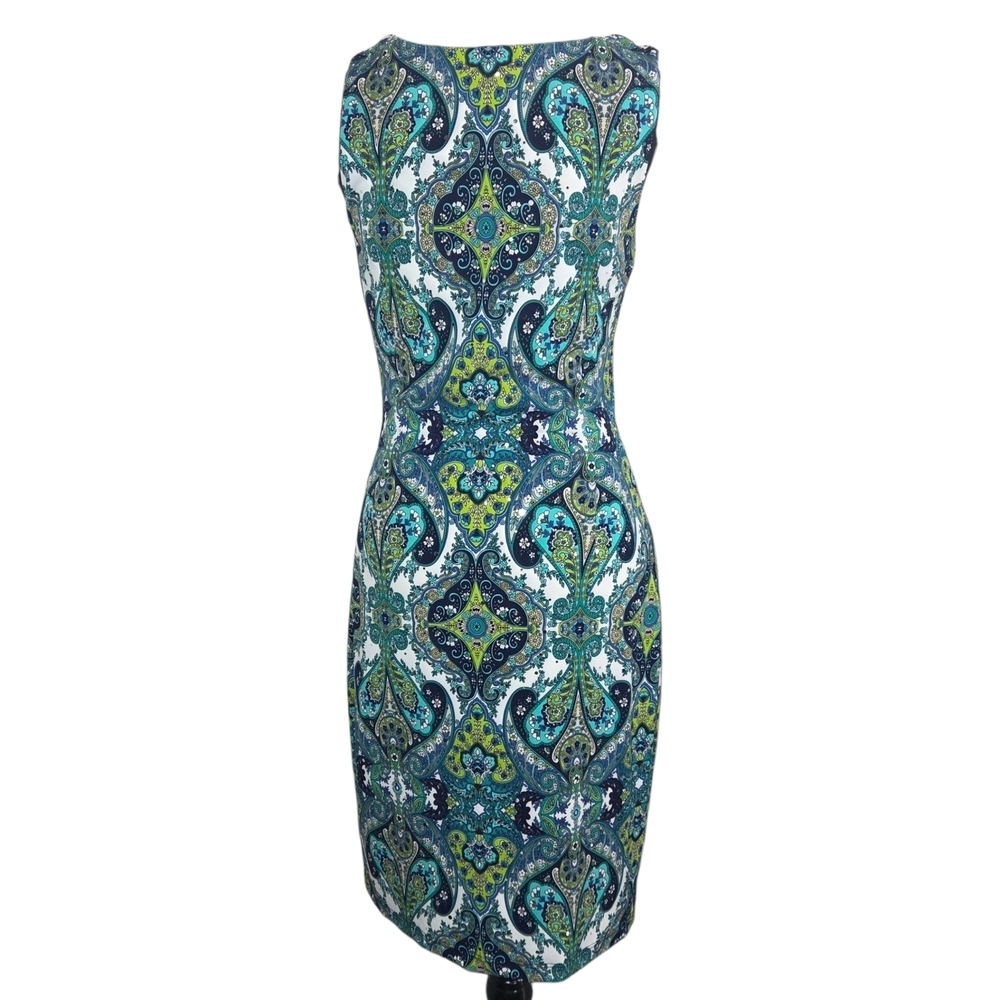 Joseph Ribkoff Blue and Green Paisley Midi Dress With Small Silver Sequins 6 - Picture 4 of 6